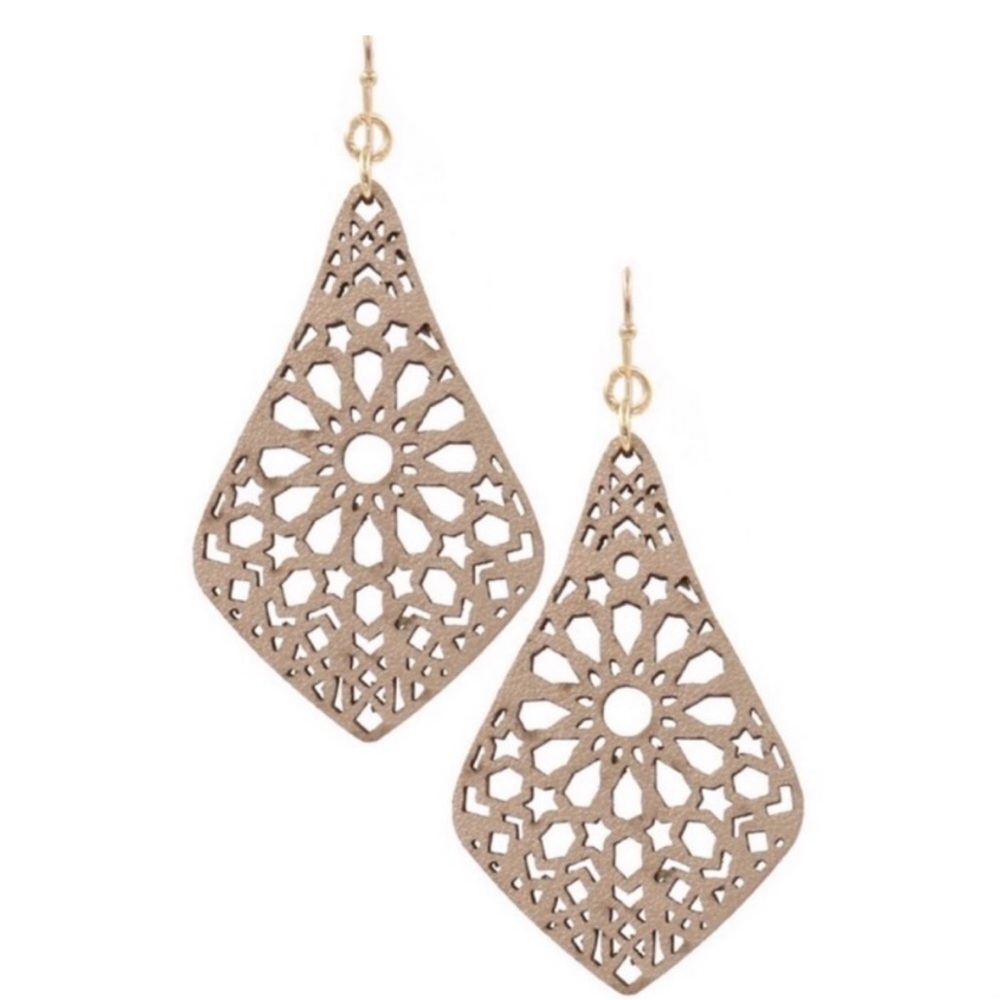 CLOSET CLEAR OUT! Laser Cut Faux Leather Drop Earrings | Rose Gold Filigree